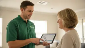 Service technician shows homeowner inspection results on tablet during home visit.