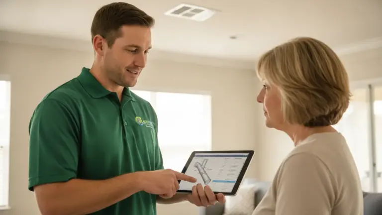Service technician shows homeowner inspection results on tablet during home visit.