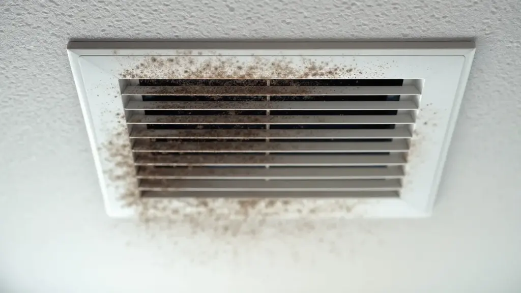 Dusty ceiling vent showing buildup of dirt and debris requiring cleaning maintenance.