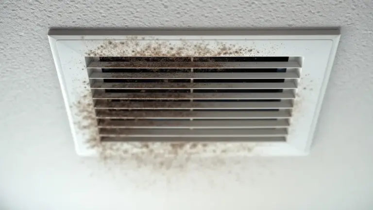 Dusty ceiling vent showing buildup of dirt and debris requiring cleaning maintenance.