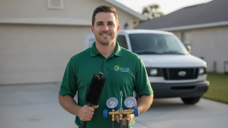 HVAC technician holds refrigerant gauges and brush outside residential home.